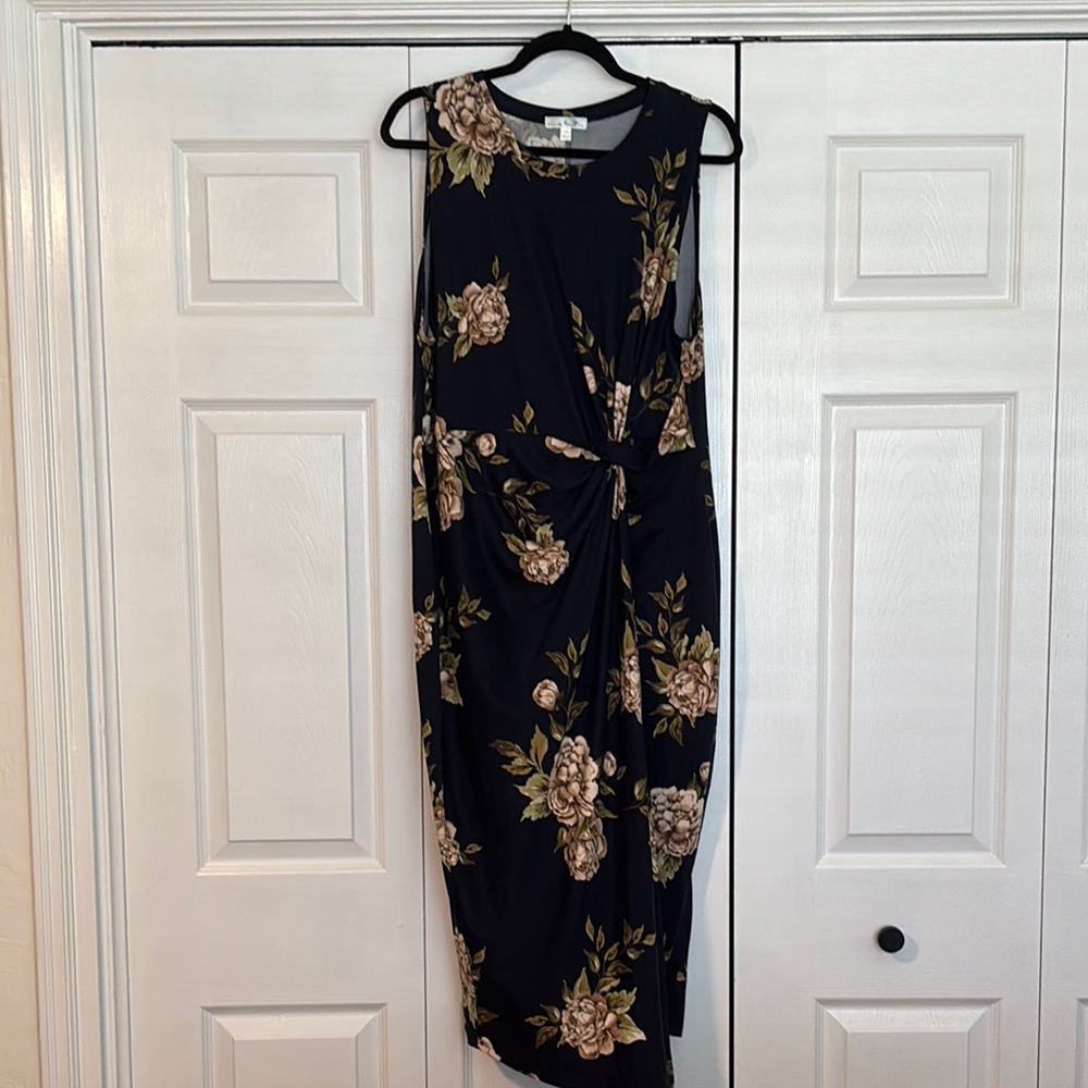 Nine Britton Blue and Gold Ruched Midi Dress for Weddings